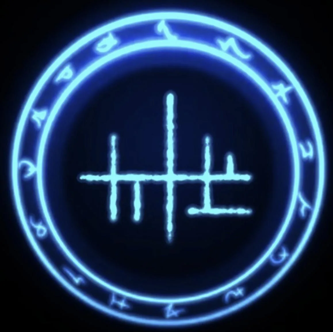 A glowing blue circular sigil with astrological symbols around the perimeter and a central cross-like symbol resembling a…
