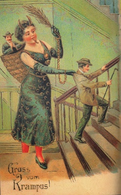 A vintage illustration shows a woman in a green dress and red stockings holding a broom and a chain, standing at the top of…