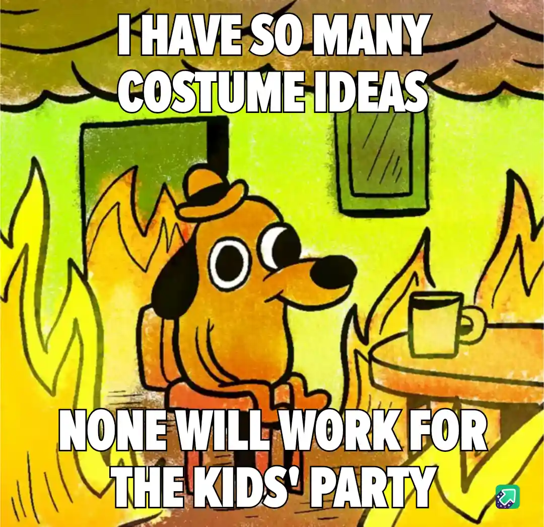 A cartoon dog wearing a hat sits in a room with flames on either side, looking hopeful while holding a mug. The text…