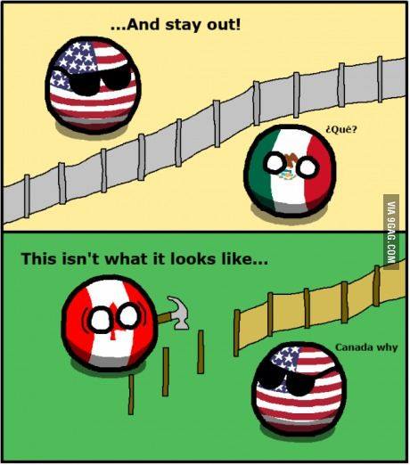 Two-panel cartoon featuring countryballs: In the top panel, an American countryball with sunglasses shouts '...And stay…