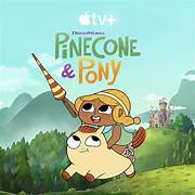 A promotional image for the Apple TV+ animated series 'Pinecone & Pony' shows a cartoon girl with a yellow hat riding a…