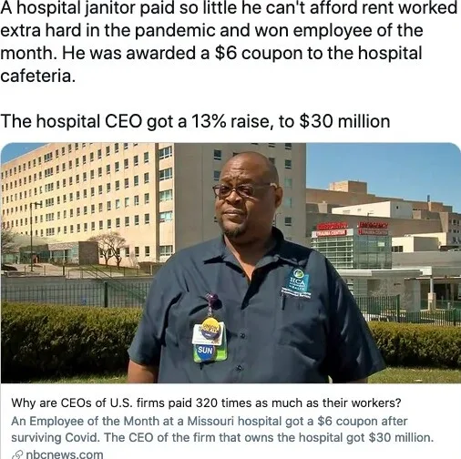 A Black man in a blue hospital janitor uniform with a name tag and glasses stands outside a hospital building. The image is…