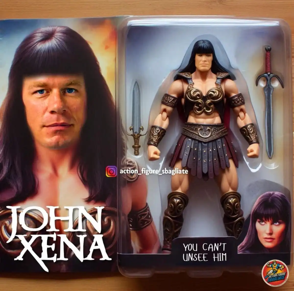 An action figure package for 'John Xena' features a muscular male figure in warrior armor with two swords, alongside a photo…