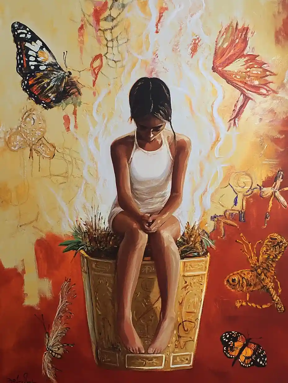 A painting depicts a young girl in a white tank top sitting barefoot inside a golden, ornate urn filled with dried plants…