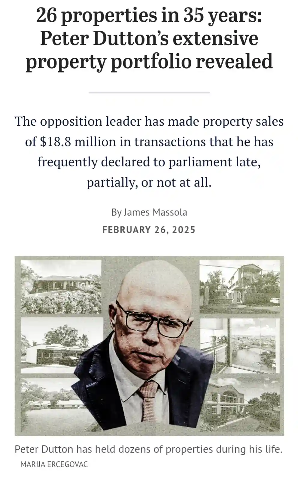 A newspaper article layout shows a photo of Peter Dutton with several property images around him. The headline reads '26…