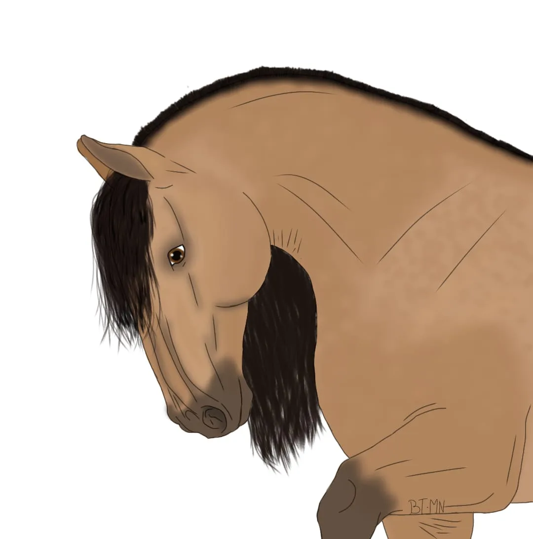 A digital illustration of a light brown horse with a dark mane and tail, shown in profile with its head slightly lowered and…