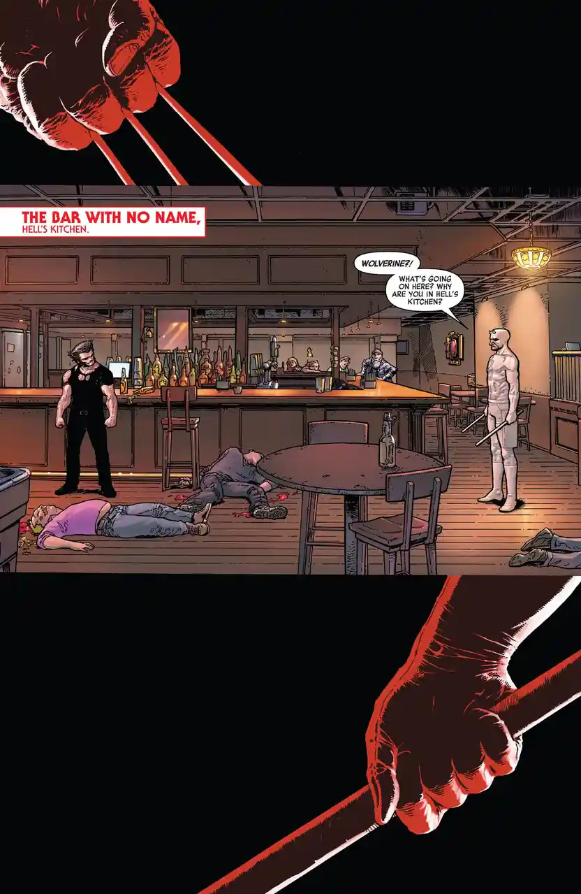 A comic panel shows Wolverine and Daredevil in a bar with bodies on the floor. A large red hand holding a weapon frames the…