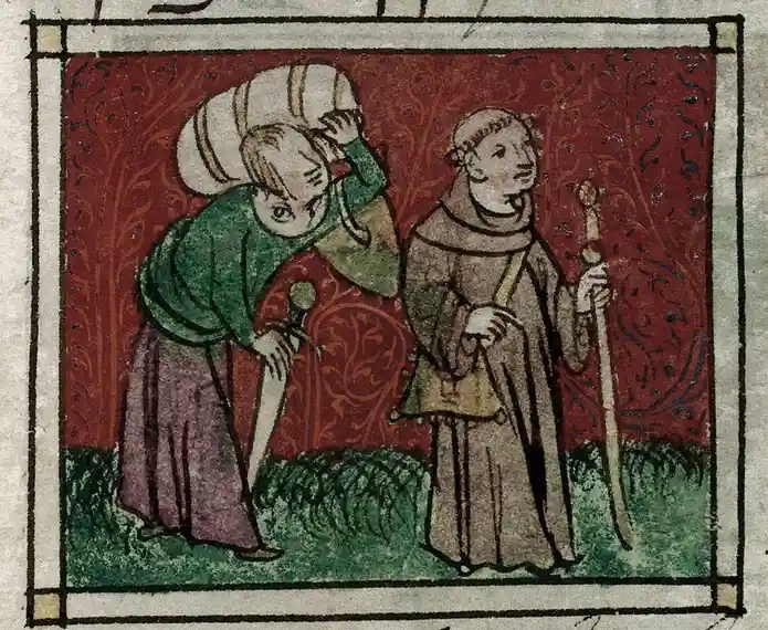An illustration shows a medieval monk in a brown robe holding a staff, standing beside another person in green and purple…