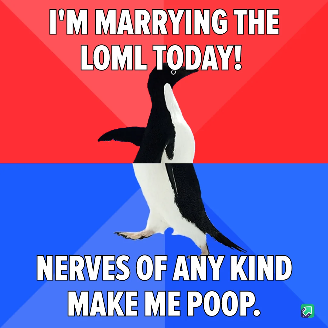 A penguin stands centered against a red and blue background, with bold white text at the top reading 'I'M MARRYING THE LOML…