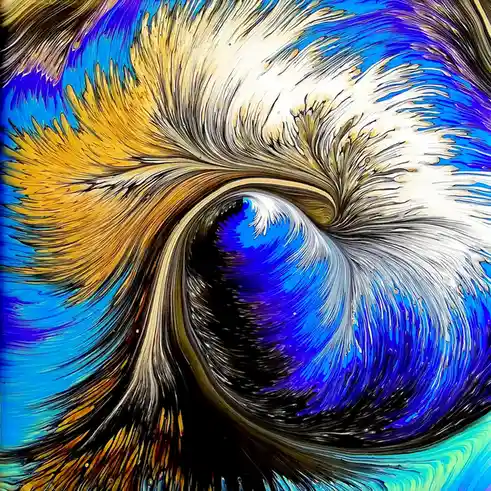 A vibrant abstract painting features swirling, feather-like brushstrokes of blue, gold, white, and black that converge into…