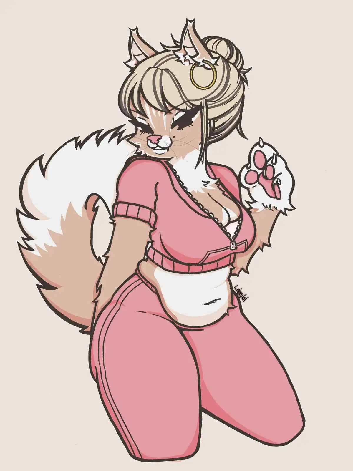 A stylized anime-style illustration of a female anthropomorphic cat with blonde hair, cat ears, and a fluffy tail, wearing a…