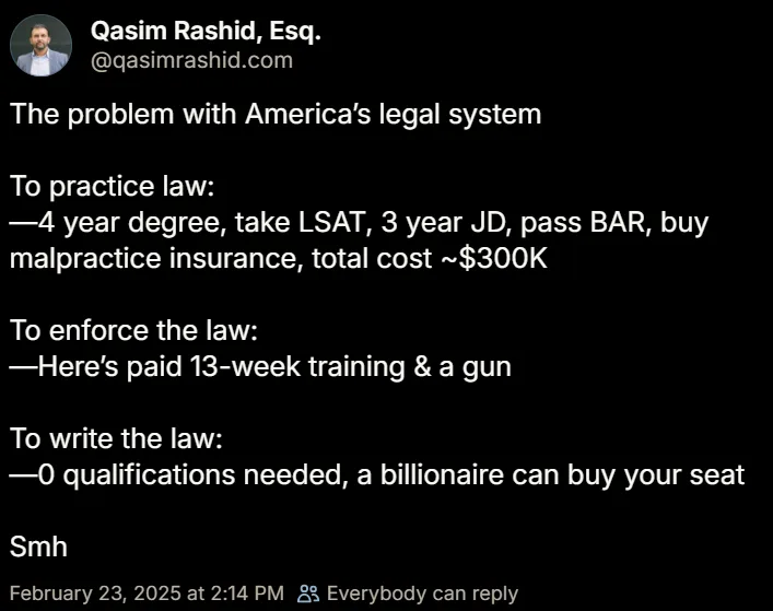 A black-background image displays a tweet from Qasim Rashid, Esq., outlining the disparity in the American legal system…