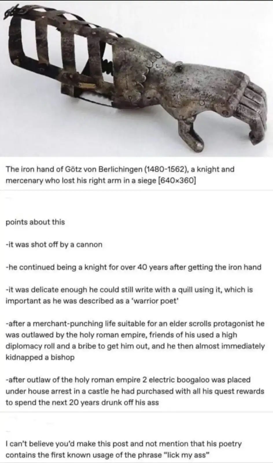 The image displays a historical iron prosthetic hand, identified as belonging to Götz von Berlichingen, a 16th-century…