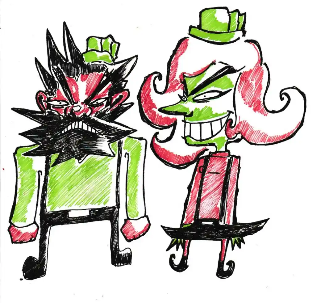 Two crudely drawn cartoon characters with green and red coloring stand side by side. The character on the left has a spiky…