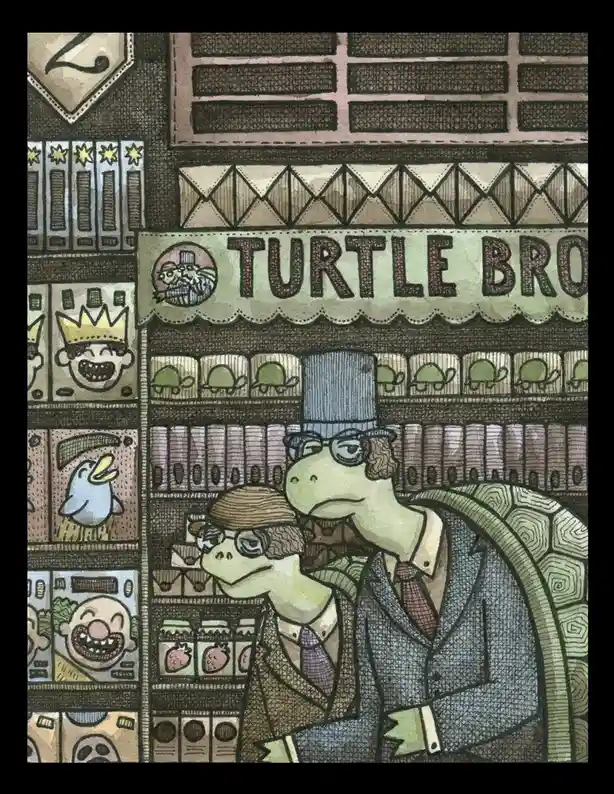 An illustrated scene shows two anthropomorphic turtles in suits and top hats inside a store with a sign reading 'TURTLE…