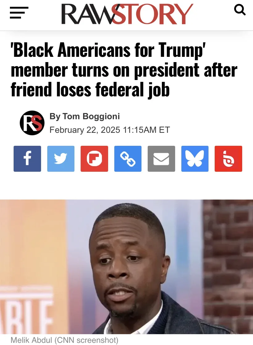 A screenshot of a RawStory news article with a headline about a 'Black Americans for Trump' member turning against Trump…