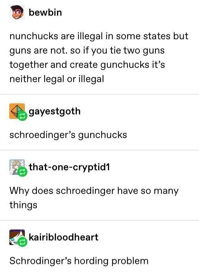 A screenshot of a Reddit thread shows a user named 'bewbin' explaining a legal loophole involving 'gunchucks'—two guns tied…
