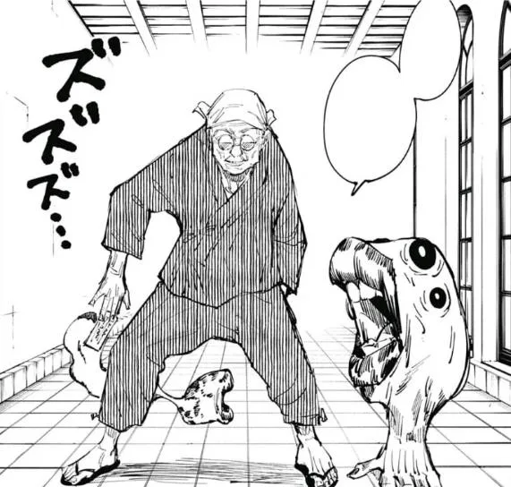 A black-and-white manga panel shows an elderly man in a robe and glasses standing in a tiled hallway, holding a gun and…