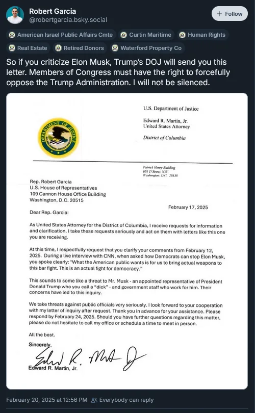 A screenshot of a social media post by Robert Garcia showing a letter from the U.S. Department of Justice addressed to him…