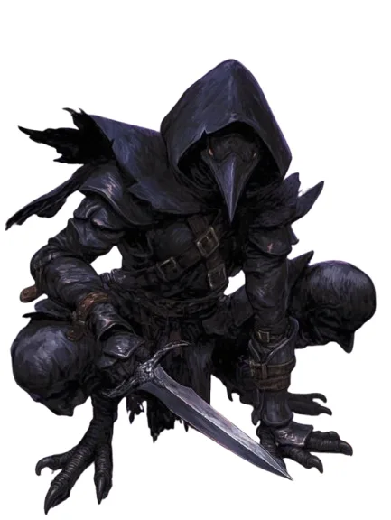 A dark, hooded, bird-like humanoid figure with a long beak, clawed hands and feet, and armored clothing crouches while…