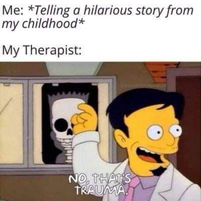 A meme image shows a therapist character from The Simpsons, smiling broadly while holding up a skeletal hand. Behind him, a…