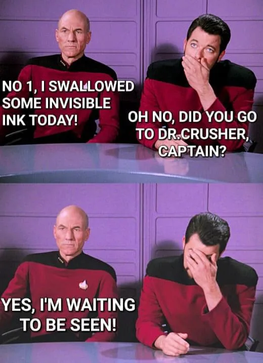 Two Star Trek characters, Captain Picard and Wesley Crusher, are seated at a table. In the top panel, Picard says 'NO 1, I…