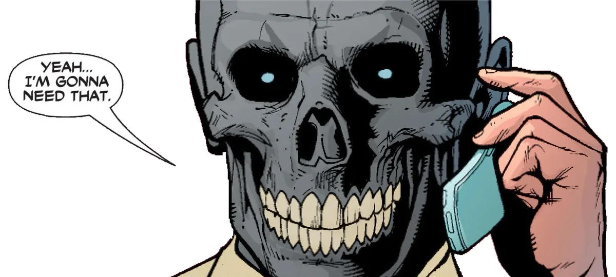 A comic book-style illustration shows a skull with glowing blue eyes holding a light blue phone to its ear, with a speech…