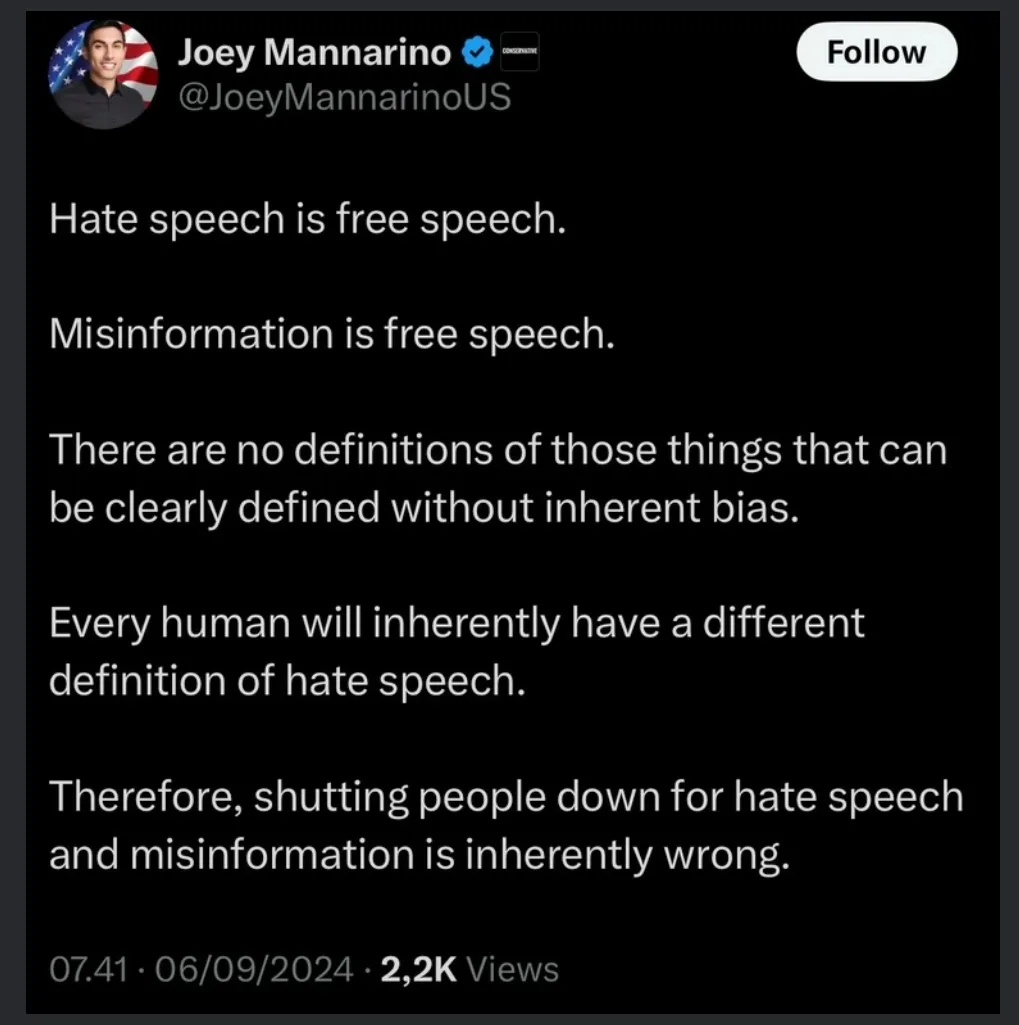 A screenshot of a tweet by Joey Mannarino, displaying his profile picture and handle, with white text on a black background…