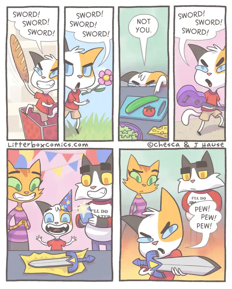 A six-panel comic strip featuring cartoon cats. In the first three panels, a cat repeatedly shouts 'SWORD! SWORD! SWORD!'…