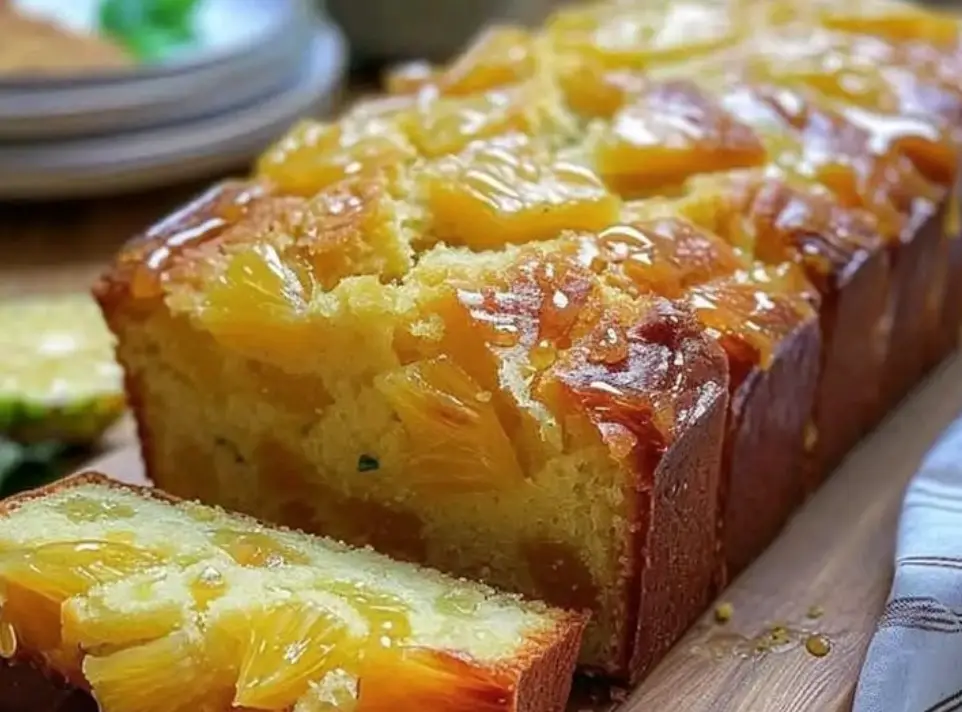 a close-up photo of a golden-brown loaf cake topped with glistening pineapple chunks and syrup, with one slice cut and…