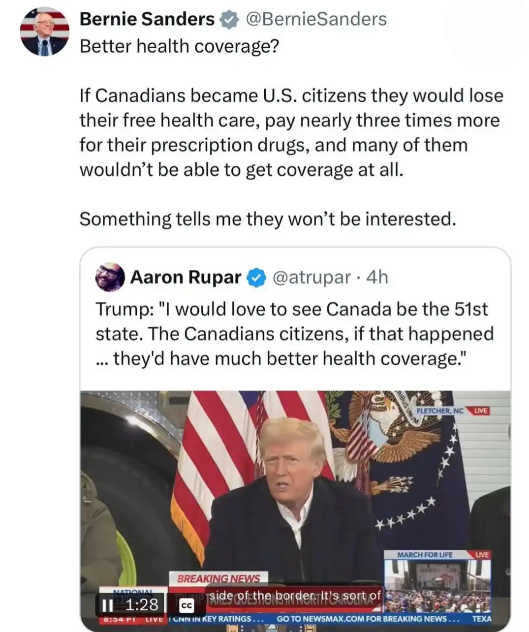 A screenshot of a Twitter thread where Bernie Sanders tweets about Canadians losing health coverage if they became U.S…