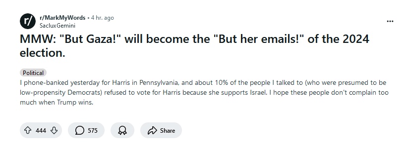 A Reddit post from r/MarkMyWords shows a user named SacluxGemini sharing a political observation. The post's title reads…