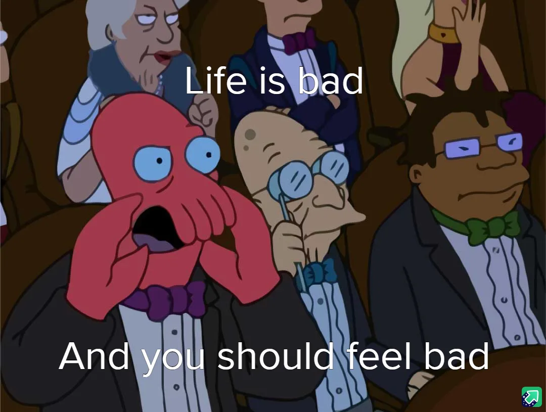 A still from the animated show Futurama shows a red octopus-like character in a tuxedo with wide eyes and hands over its…
