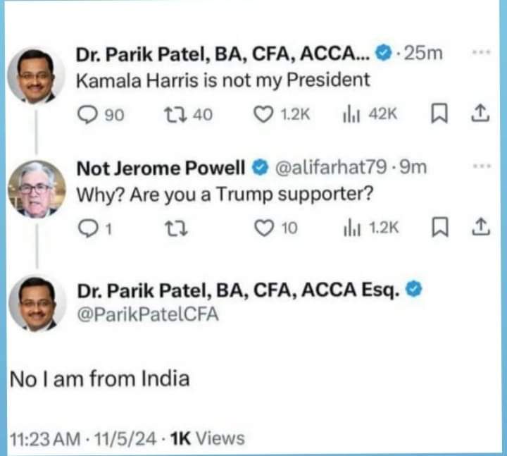 A screenshot of three Twitter/X replies showing Dr. Parik Patel, BA, CFA, ACCA... stating 'Kamala Harris is not my…