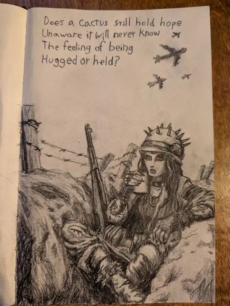 A hand-drawn pencil sketch in a notebook depicts a soldier in a trench, holding a rifle, with barbed wire and planes in the…