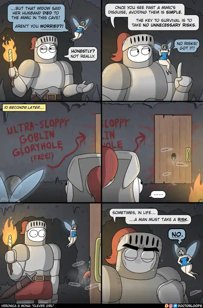 A four-panel comic shows a knight and a fairy in a cave. The fairy warns the knight about a mimic, advising him to avoid…