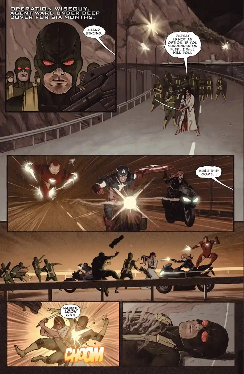 A comic book panel sequence shows a masked villain, Agent Ward, giving a speech to armed soldiers on a bridge. He declares…