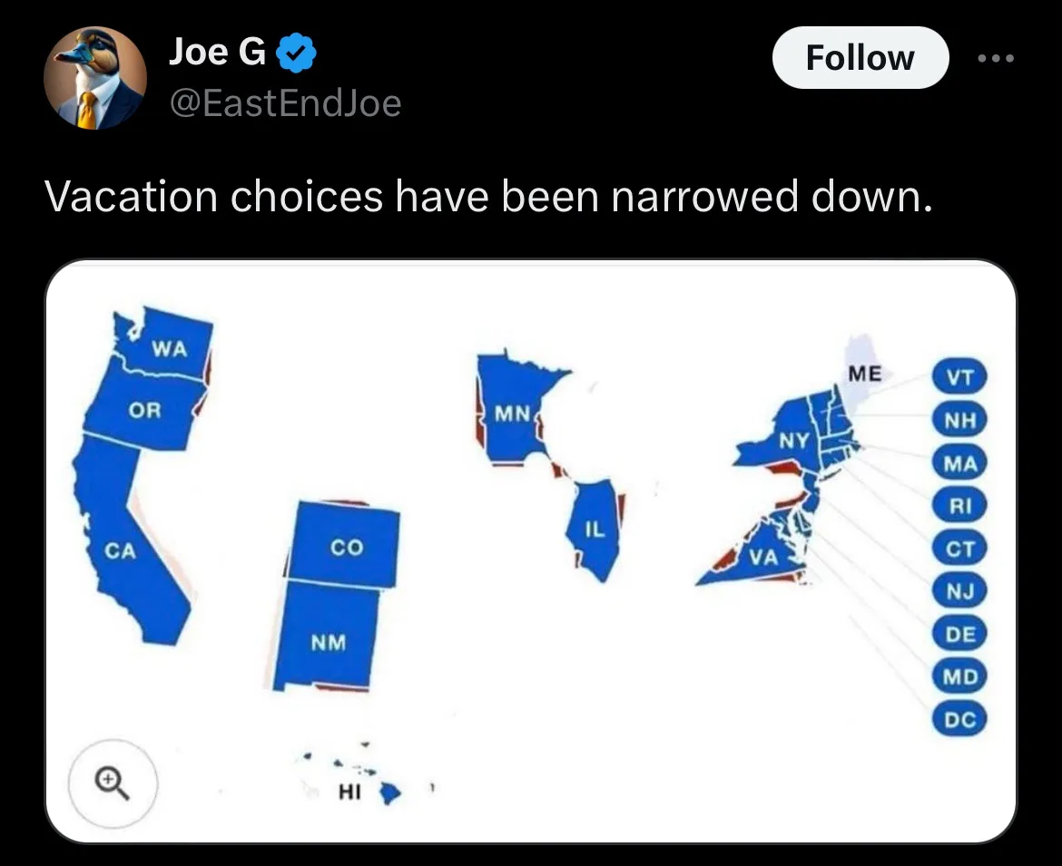 A map of the United States shows most states colored blue, with only a few states like Washington, Oregon, California…