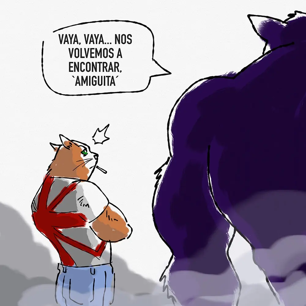 A cartoon cat wearing a Union Jack shirt and smoking a cigarette looks up at a large, dark purple cat whose back is turned…
