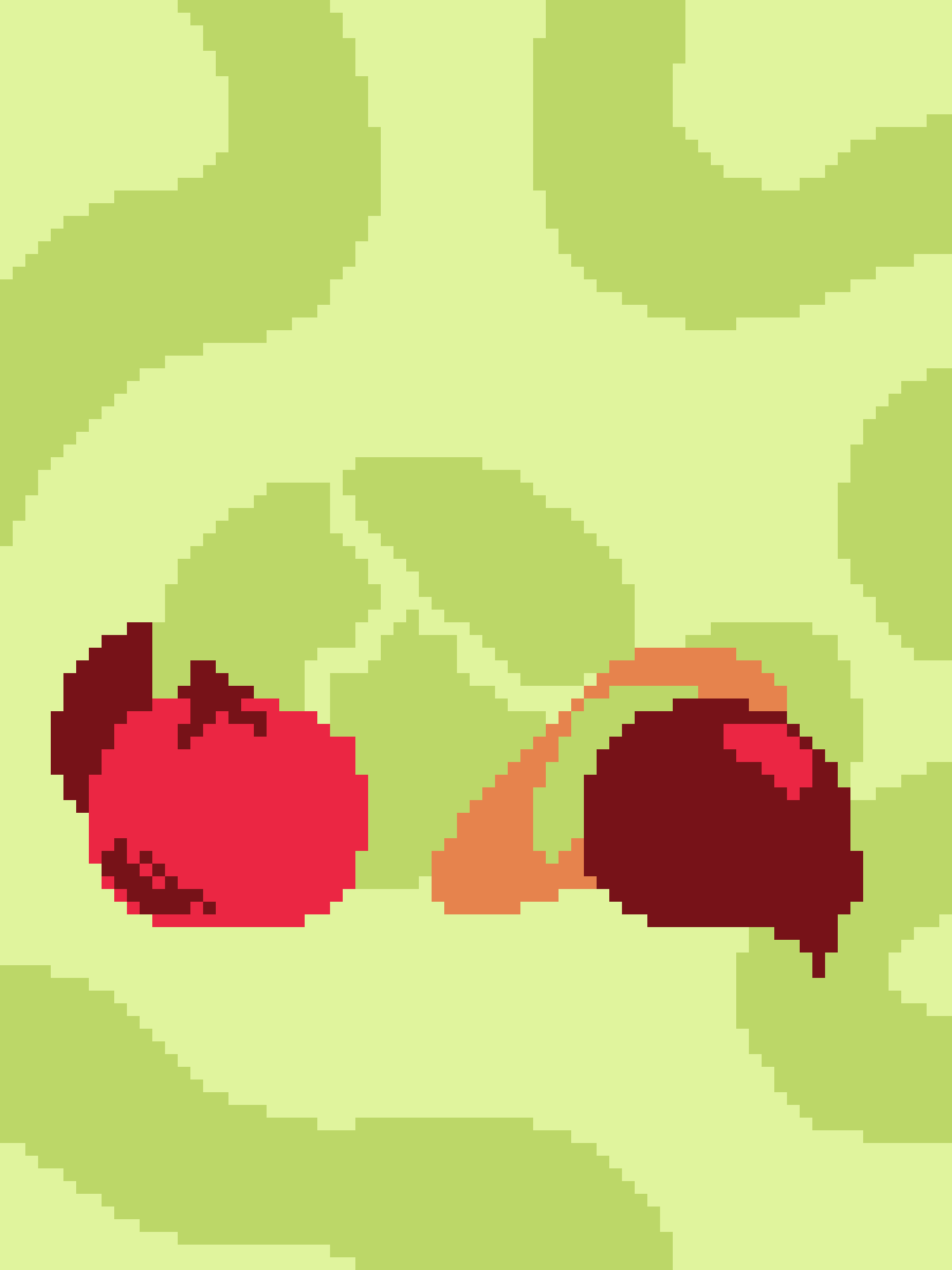 A low-resolution pixel art image shows two cherries with stems and leaves against a light green background. The cherry on…