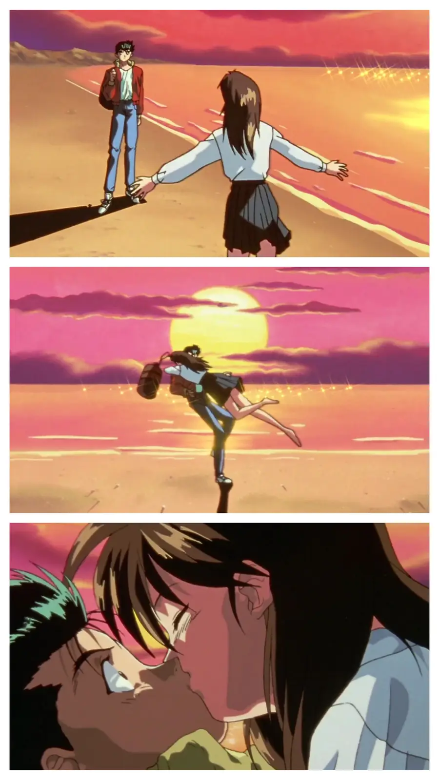 Three panels from an anime show a romantic scene: a girl runs toward a boy on a desert road at sunset, then the boy lifts…