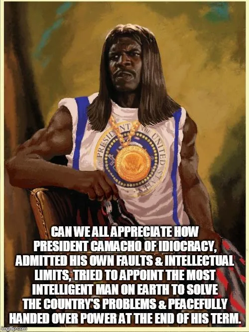 A digitally altered image shows a muscular Black man with long hair wearing a white tank top with a presidential seal and…