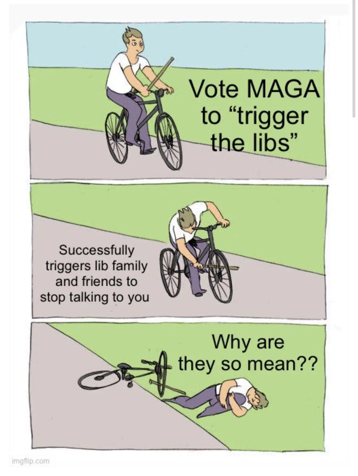 A three-panel comic shows a man riding a bike with a stick, then falling after 'triggering' liberals, with text explaining…