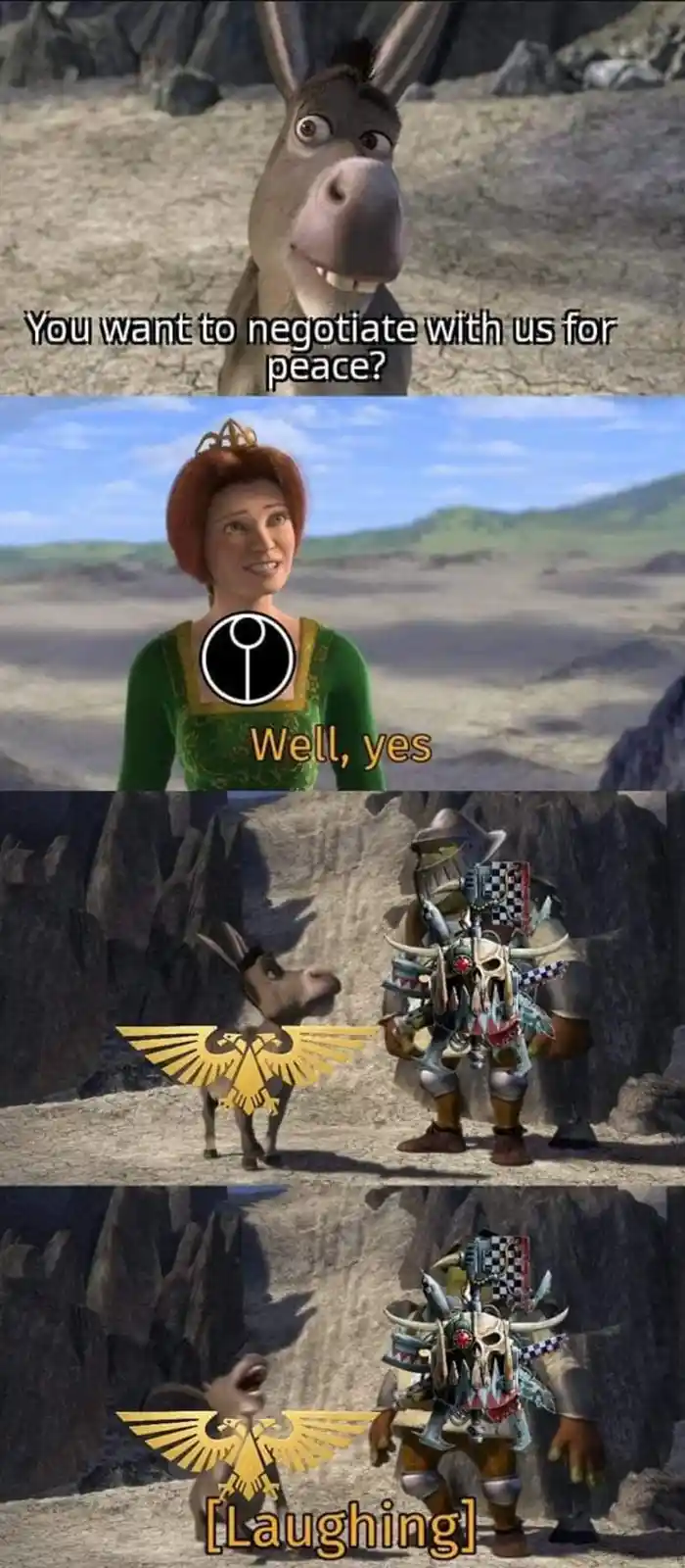 A four-panel meme featuring Shrek's donkey from 'Shrek' asking if someone wants to negotiate for peace. Princess Fiona…