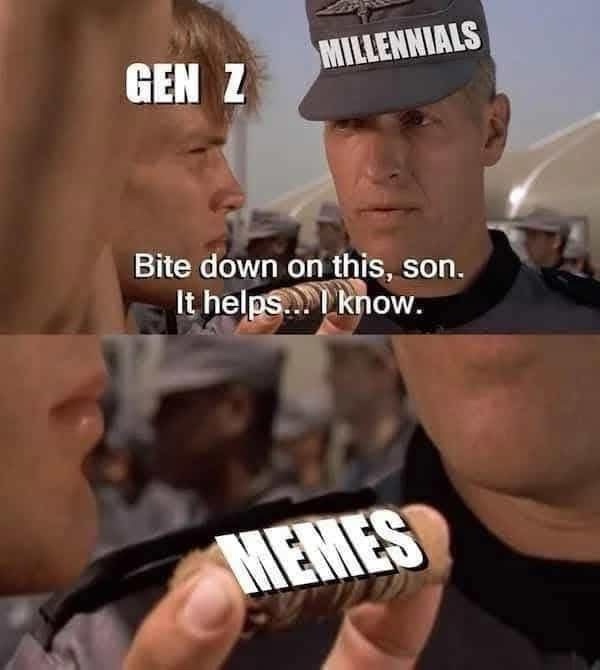 A two-panel meme from the movie 'Top Gun' where a military officer labeled 'MILLENNIALS' tells a younger pilot labeled 'GEN…