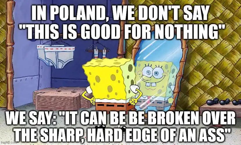 The image features the cartoon character SpongeBob SquarePants standing in his pineapple home, looking at his reflection in…