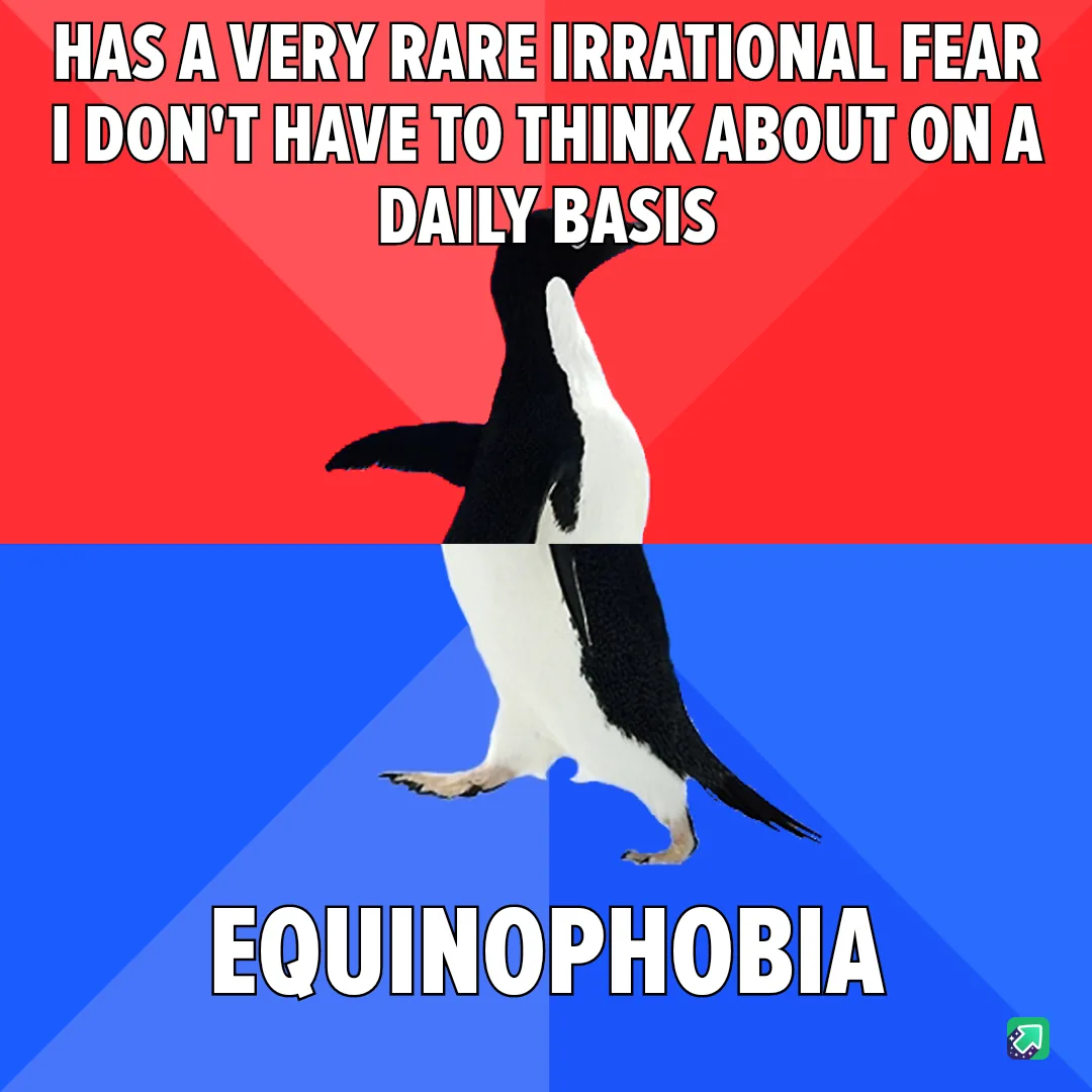 A penguin stands centered against a red and blue background, with white text overlaid. The top text reads 'HAS A VERY RARE…