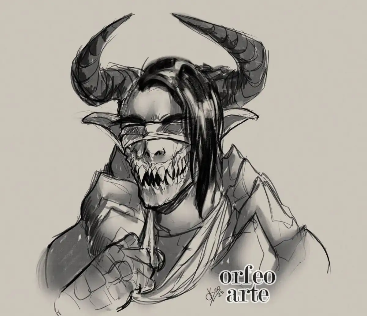 A black-and-white sketch depicts a demonic figure with large curved horns, pointed ears, and a skeletal face with sharp…