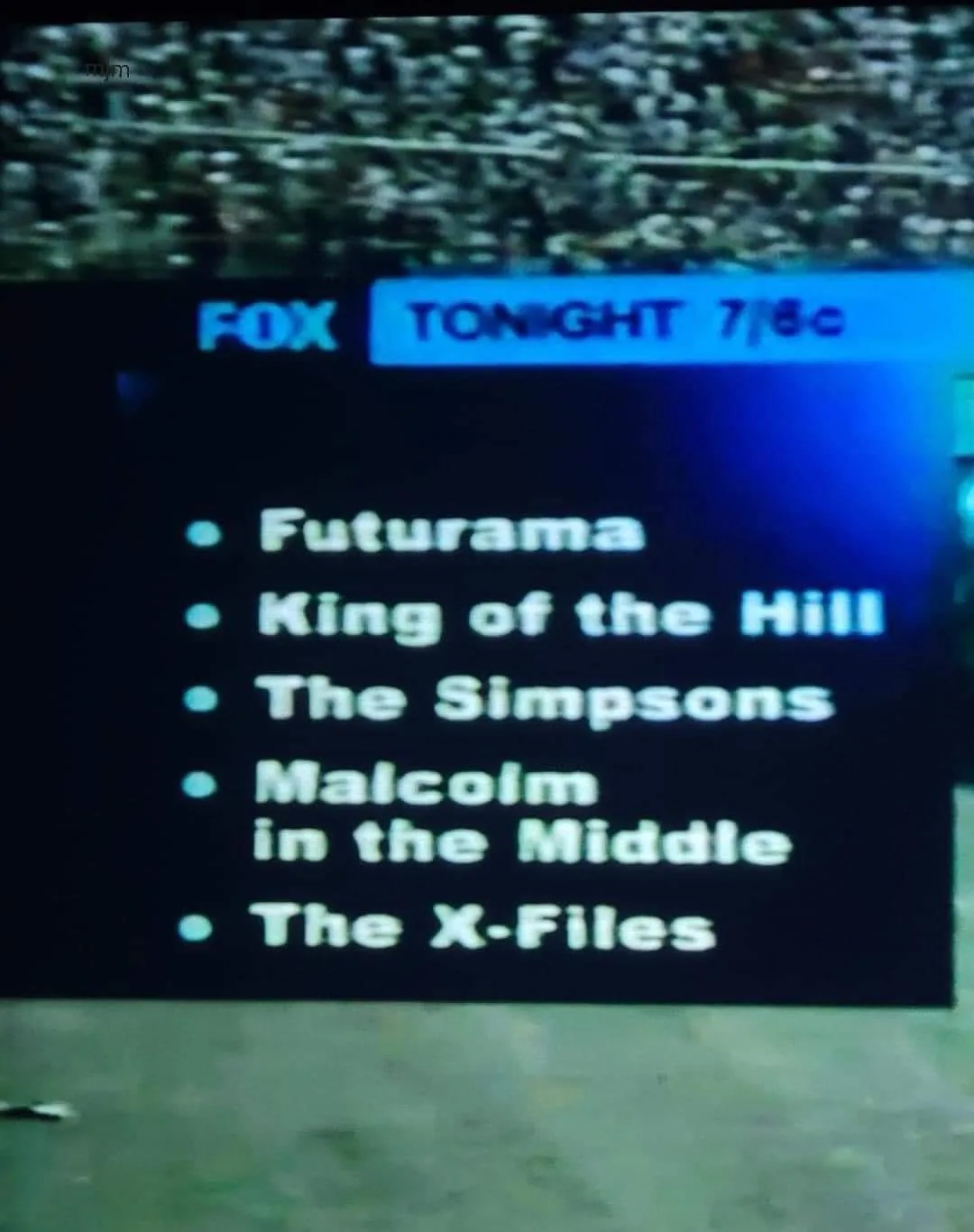 A low-resolution image of a Fox TV schedule graphic from the 2000s, listing five shows: Futurama, King of the Hill, The…