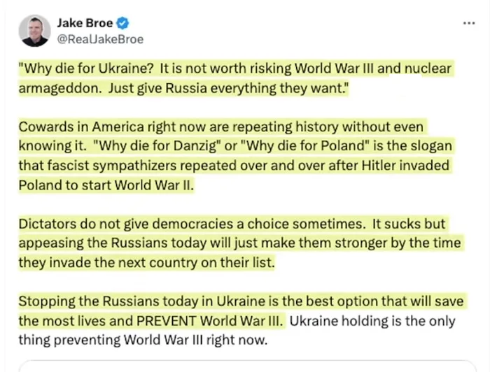 A screenshot of a tweet by Jake Broe, with several paragraphs of text highlighted in yellow. The text argues that appeasing…